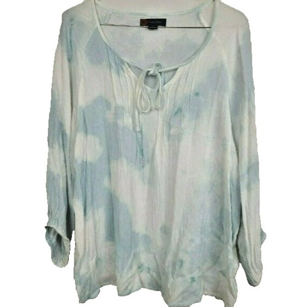 Indigo Poppy Womens Tie Dye Top Large Blue White Long Sleeve BOHO Peasant Casual